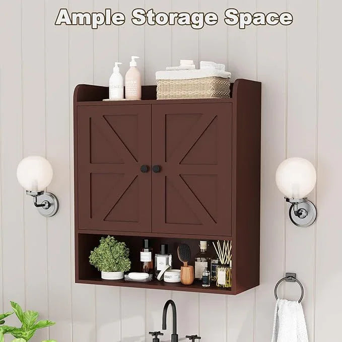 EasyCom 22" W x 26" H Bathroom Wall Cabinet, Farmhouse Medicine Cabinet with Adjustable Shelves and Double Barn Doors, Over The Toilet Storage Cabinet for Bathroom, Kitchen, Living Room, Russet - ModernBath