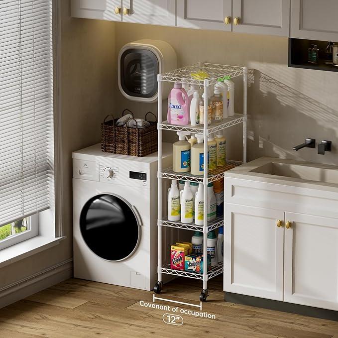 SINGAYE 5 Shelves Storage Shelf Wire Closet Bathroom Organizers Metal Pantry Kitchen Small Garage Shelving Unit Laundry Room Organization Home Narrow Rack Net Basket with Wheels White - ModernBath
