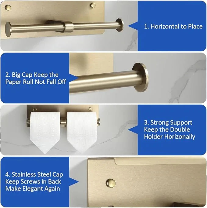 BGL Toilet Paper Holder with Shelf Matte Brushed Gold Double Head Toilet Tissue Roll Holder 304 Stainless Steel Wall Mount for Bathroom - ModernBath