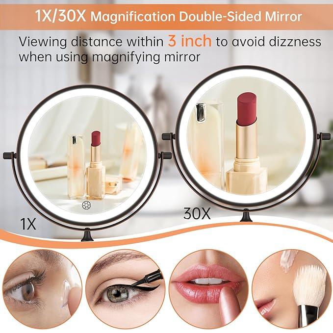 5000mAh Rechargeable Wall Mounted Lighted Makeup Vanity Mirror Double Sided 1X 30X Magnifying Bathroom Mirror, 3 Color Lighting, Touch Dimming, Extended Arm 360 Rotation Light up Mirror Antique Bronze - ModernBath