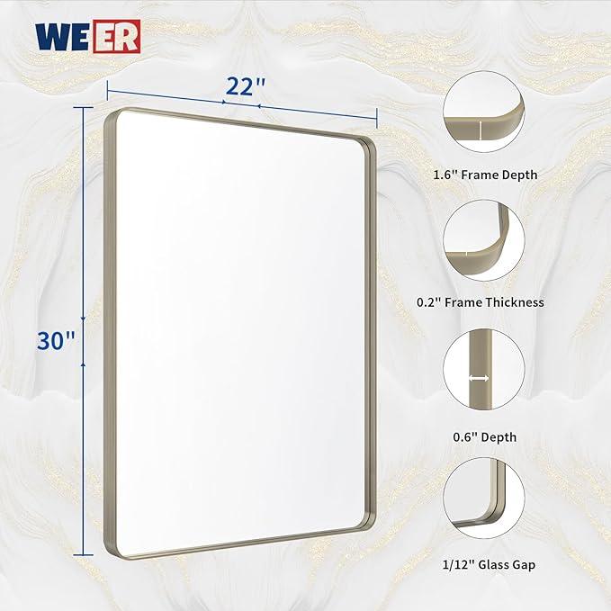 WEER 22X30 Inch Brushed Nickel Bathroom Mirror, Brushed Silver Metal Frame Mirror, Rounded Rectangle Silver Bathroom Vanity Mirror, Tempered Glass, Anti-Rust, Hangs Horizontally or Vertically - ModernBath