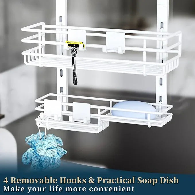 Consumest Over The Door Shower Caddy - 5 Tier Adjustable Shower Organizer Hanging with 2 Toothbrush Holders & 4 Hooks, Rustproof Organizer Shelf, Storage Rack for Bathroom, White - ModernBath