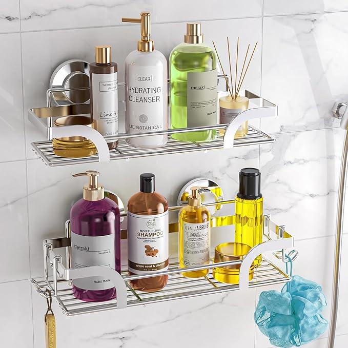 LEVERLOC Shower Caddy Suction Cup 2 Pack, Shower Shelf for Inside, Large Capacity Bathroom Organizers and Storage, Rustproof & Waterproof Metal Bath Basket, No-Drilling, Heavy Duty, Silver - ModernBath