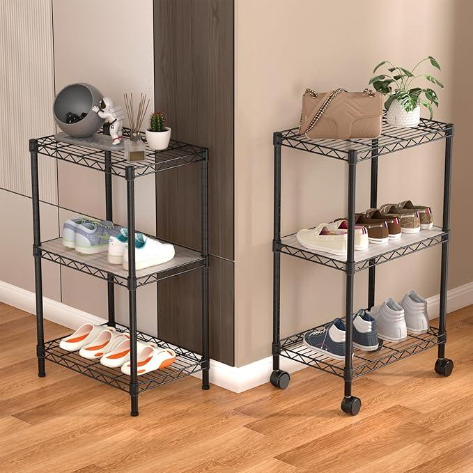 Small 3 Tier Shelves Storage Wire Shelving Unit Metal Shelf Adjustable Organizers Storage Shelving with Wheels for Bathroom Laundry Room Kitchen Pantry12”D x 18”W x 30.7”H Black - ModernBath