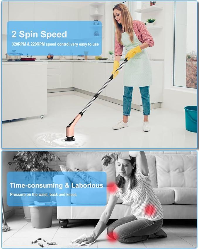 Leebein Electric Spin Scrubber, Cordless Powerful Scrub Brush for Cleaning Bathroom, Kitchen, Shower Tub and Floor Tile with Adjustable Extension Long Handle and 8 Replaceable Brush Heads(Rose) - ModernBath