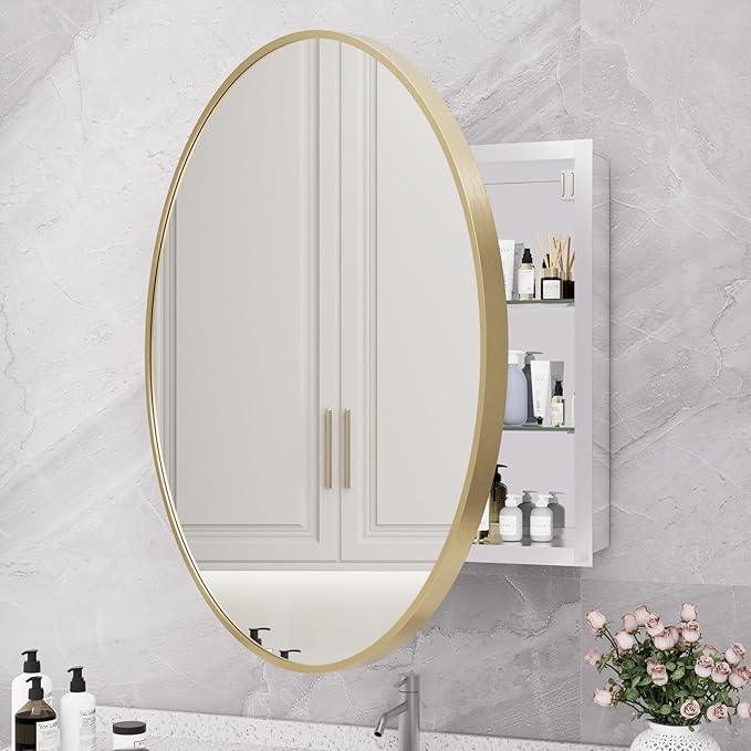 HOMECOOKIN Bathroom Gold Mirror Medicine Cabinet, 28 Inch Wall Mounted Aluminum Alloy Metal Framed with Storage - ModernBath