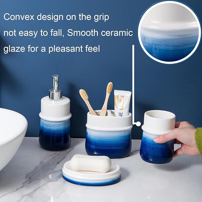 RZCNC Navy Blue Bathroom Accessories Set, 4-Piece Blue Ceramic Bathroom Decorations Accessories Set,Contain Toothbrush Cup,Soap Dispenser,Soap Dish,Tumbler - ModernBath