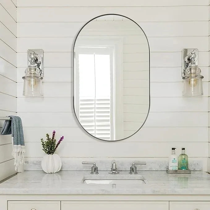 ANDY STAR Brushed Nickel Oval Bathroom Mirror, 20x33 inch Pill-Shaped Mirror for Wall HD Reflection Metal Frame Mirror for Bathroom Hang Vertical or Horizontal - ModernBath