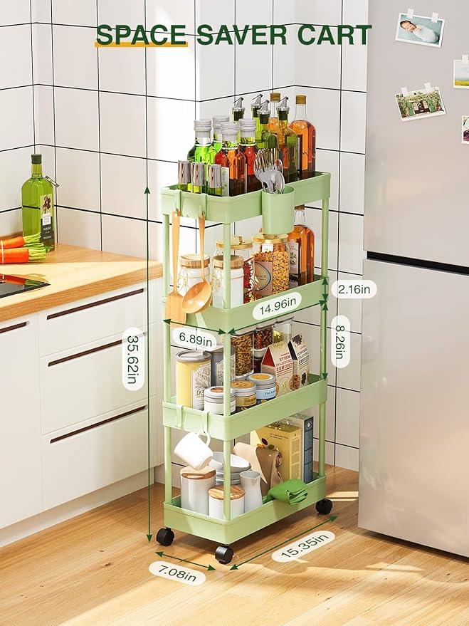 LEHOM Slim Rolling Storage Cart - 4 Tiers Bathroom Organizer Utility Cart Slide Out Storage Shelves Mobile Shelving Unit for Kitchen, Bedroom, Office, Laundry Room, Small Narrow Spaces（7.1" W+Green） - ModernBath