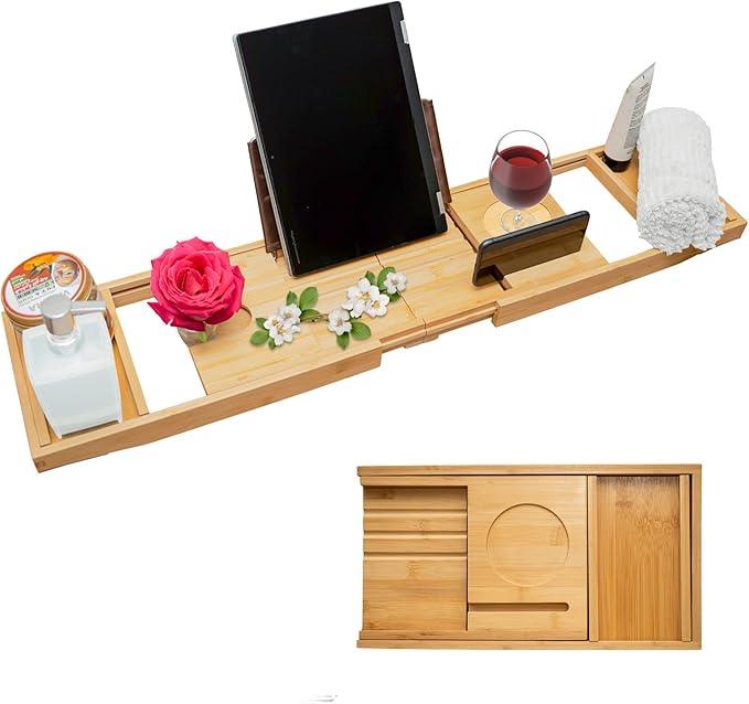 Luxury Foldable Bamboo Bathtub Tray - Wine Glass and Tablet Holder, Spa Bath Caddy for Relaxation, Gifts for Her, Him, Couples, Adjustable and Waterproof, Perfect for Birthdays, Weddings, Housewarming - ModernBath