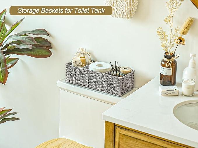StorageWorks 3-Section Wicker Baskets for Shelves, Hand-Woven Round Paper Rope Storage Baskets, Gray, 2-Pack - ModernBath