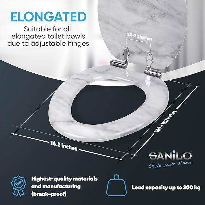 SANILO Wooden Toilet Seat with Soft Close [ELONGATED] - Decorative, Quiet & Slow Close Molded Wood Seat - With Strong Bumpers & Hinges - Adjustable Fit - Marble - ModernBath
