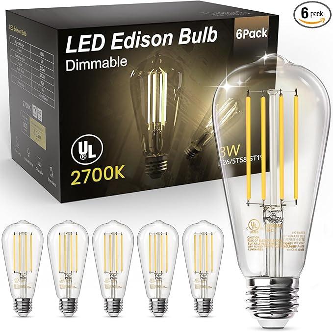 TJOY Edison Light Bulbs 60W Equivalent, Dimmable Vintage LED Light Bulbs, E26 Medium Base, Warm White 2700K, ST58, 8W, 800LM, 80+ CRI, Antique Decorative Filament LED Bulb, Clear Glass, 6 Pack - ModernBath