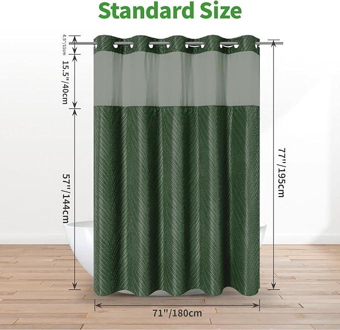 No Hook Shower Curtain and Liner Set,No Hook Tufted Striped Textured Shower Curtain with Snap in Liner Replacement and Waterproof Fabric,Boho Style with See Through Top Window,DarkGreen,71Wx77H - ModernBath