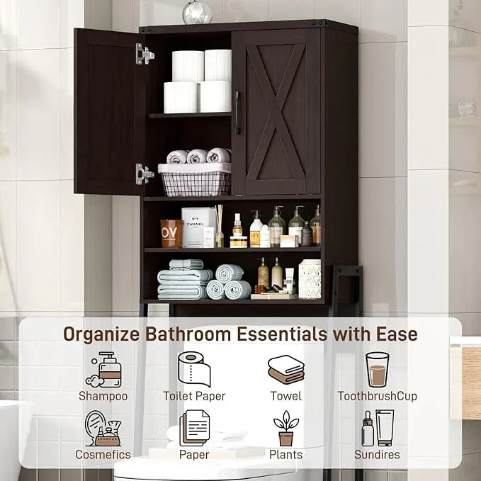 Vabches Over The Toilet Storage Cabinet, Farmhouse Over Toilet Storage Cabinet, Metal Frame with Barn Doors, Home Space-Saving Toilet Rack for Bathroom, Toilet, Laundry Room - ModernBath