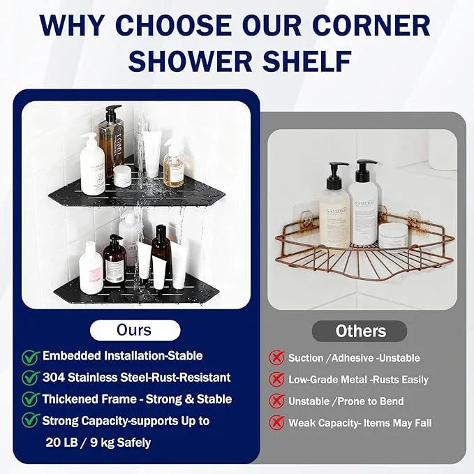 10" Corner Shower Shelf 2 Pcs Matte Black 304 Stainless Steel Diamond Heavy Duty Floating Corner Shelves Slot Design Recessed Bathroom Shower Shelf for 90° Tiled Wall, No Drilling Needed - ModernBath
