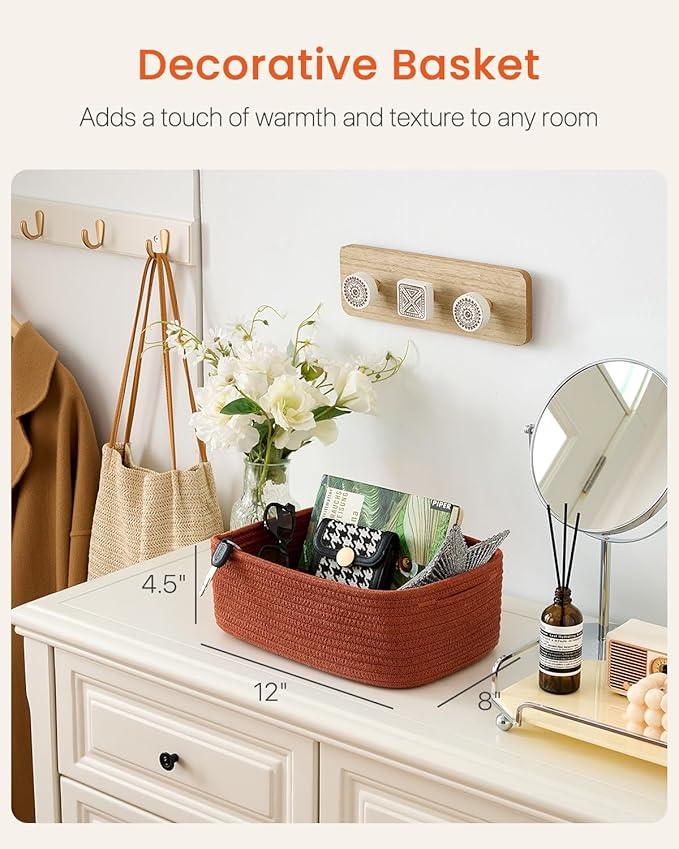 Small Woven Basket, 12 x 8 x 4.5 Inches, Storage Basket for Organizing, Cute Small Rope Shelf Closet Cube Storage Bins Baskets for Shelves, Dog Toy Gift Baskets Empty, 3 Pack Rust Red - ModernBath