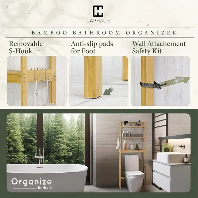 CAPHAUS Over The Toilet Storage Shelf,3-Tier Over-The-Toilet Shelf Rack with Adjustable Feet & Hooks, Freestanding Bamboo Toilet Shelf, Bathroom & Laundry Organizer, Balcony Plant Stand, Black - ModernBath