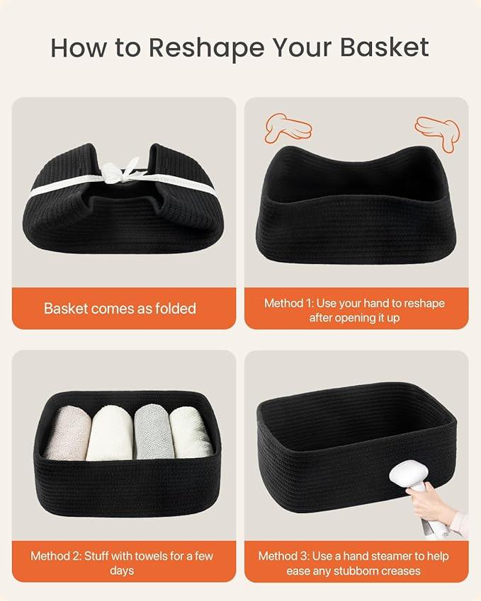 Small Woven Basket, 13.5 x 9.5 x 5 Inches, Storage Basket for Organizing, Cute Small Rope Shelf Closet Cube Storage Bins Baskets for Shelves, Dog Toy Gift Baskets Empty, 3 Packs, Black - ModernBath
