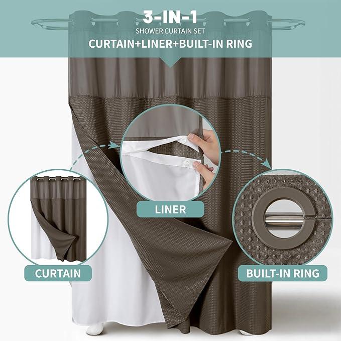 eachope Brown No Hook Waffle Weave Shower Curtain with snap-in Liner Replacement, 230GSM Waterproof Fabric Hotel Shower Curtain Set for Bathroom, Through Mesh Top Window,71Wx74H - ModernBath