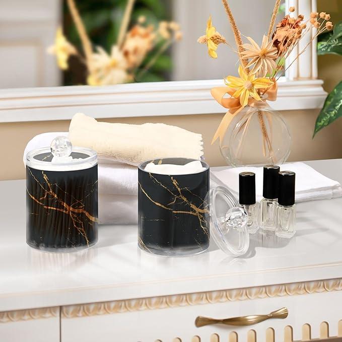 BOENLE 2 Pack Qtip Holder Organizer Dispenser Gold Black Marble Texture Bathroom Storage Canister Cotton Ball Holder Container for Cotton Pads/Swabs/Floss - ModernBath