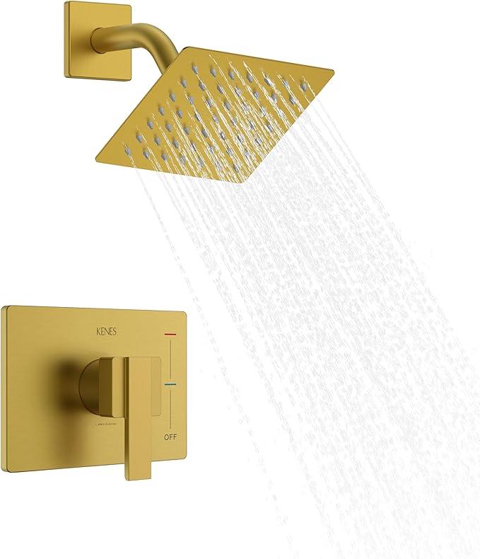 KENES Brushed Gold Shower Faucet, Modern Square 6-Inch Shower Head and Handle Set, Bathroom Rainfall Shower System Wall Mount, KE-6025B-4 (Including Shower Valve) - ModernBath
