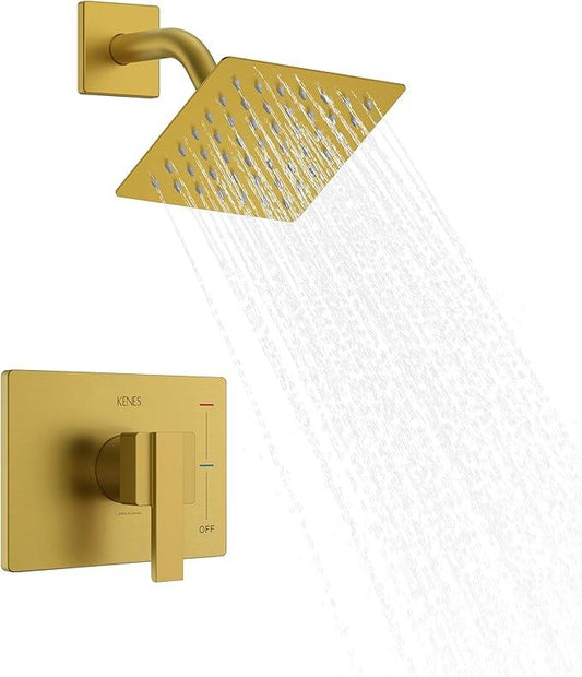 KENES Brushed Gold Shower Faucet, Modern Square 6-Inch Shower Head and Handle Set, Bathroom Rainfall Shower System Wall Mount, KE-6025B-4 (Including Shower Valve) - ModernBath
