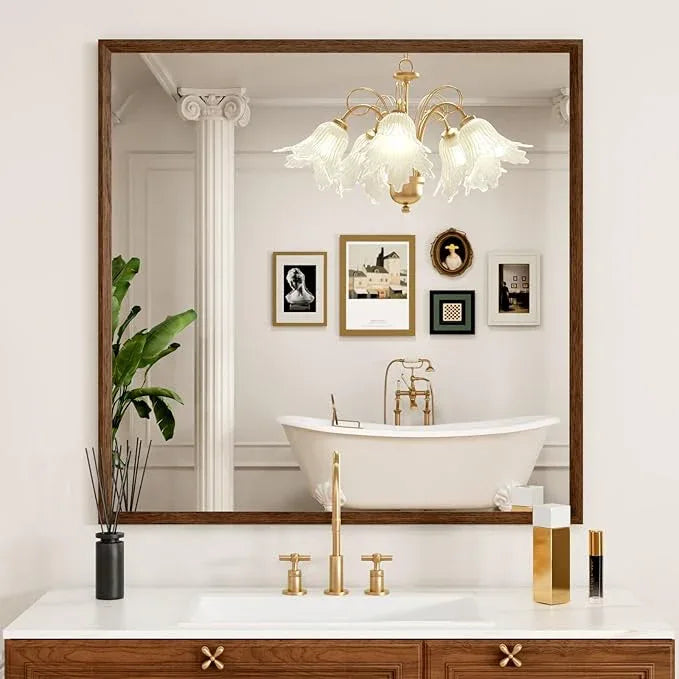 JISOSO Bathroom Vanity Mirror 36x36 Inch, Walnut Rectangle Bathroom Mirror, Anti-Rust, 4MM Tempered Glass, Wall-Mounted Mirror, Hangs Horizontally or Vertically for Bathroom & Bedroom - ModernBath