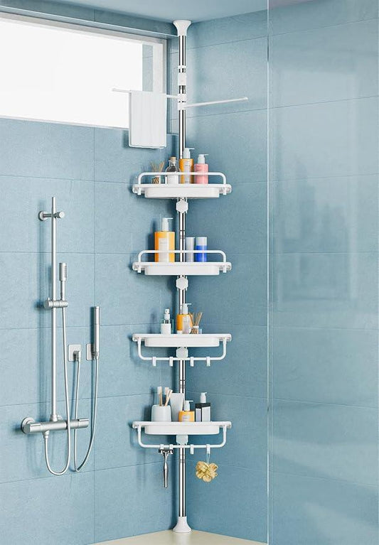 32-122inch Corner Shower Caddy Tension Pole White, Rustproof Drill-Free Shower Shelves for Bathroom Bathtub Washbasin, Adjustable Shower Organizer with 4 Tier Patent Stable Shelves & Towel Bars - ModernBath