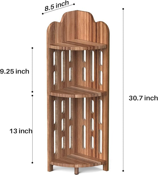 Meangood Bathroom Corner Shelf Stand, 3 Tier Pine Wood Display Shelf for Narrow Space, Shower Corner Shelf, Plant Stand Nightstand, for Living Room, Bedroom, Home Office, Elegant
