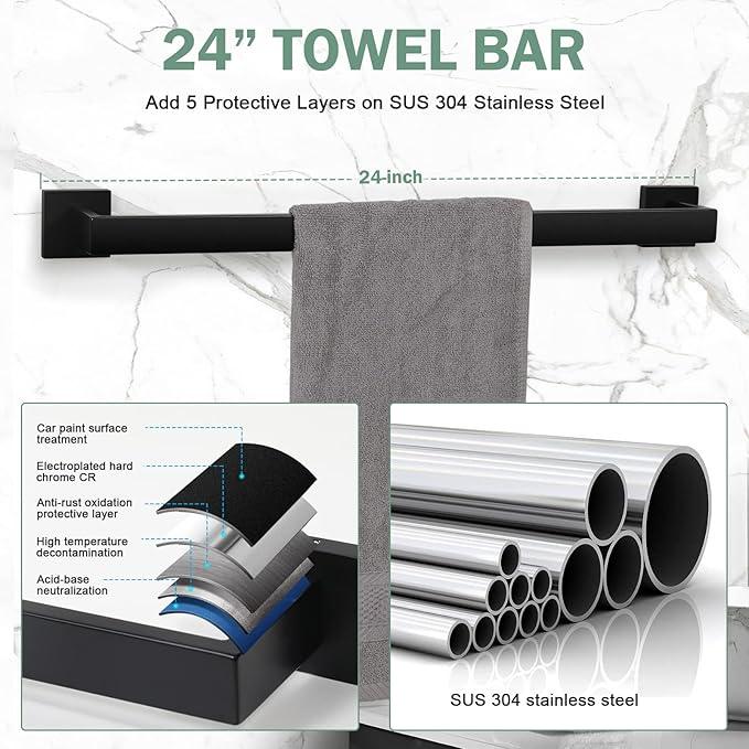 VELIMAX Premium Stainless Steel 4 Pieces Bathroom Hardware Accessories Set Wall Mounted Towel Bar Set, Matte Black, 24-Inch - ModernBath