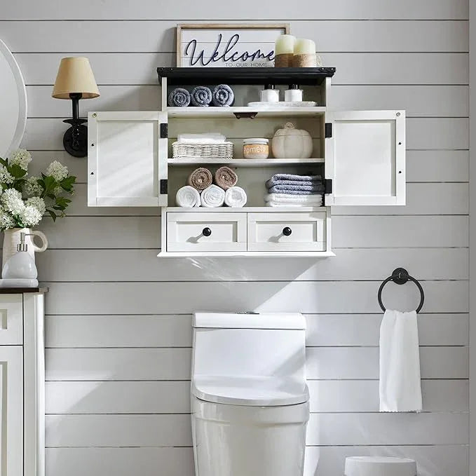 ACCOHOHO Bathroom Wall Cabinet, Farmhouse 24" Wide Medicine Cabinet with Drawer, Adjustable Shelf, Double Barn Doors, Storage Cabinets for Bathroom, Kitchen, Living Room, Off White - ModernBath