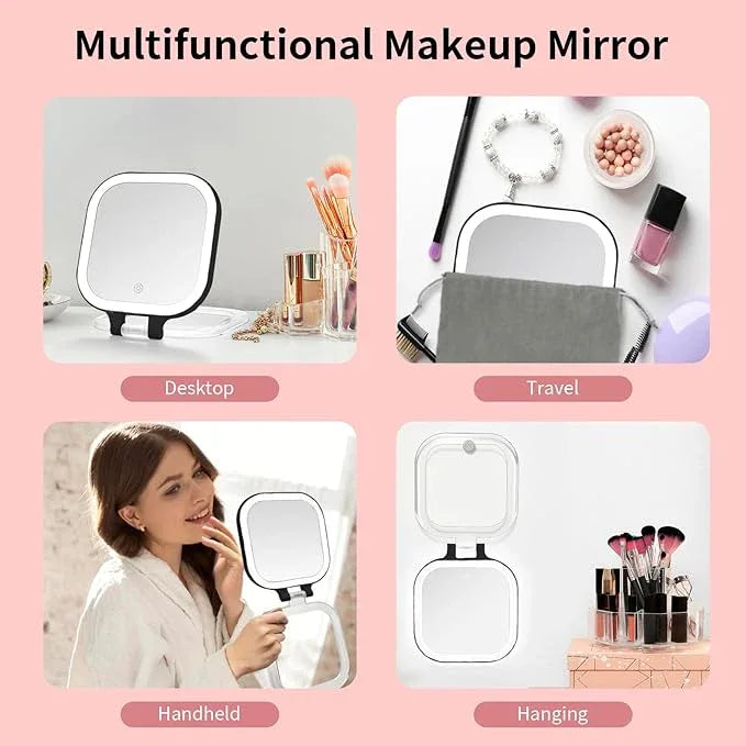 DESCHEN Rechargeable Travel Makeup Vanity Mirror with Lights and Magnification, Portable 1X/10X Magnifying Mirror with 3 Color Light, Lighted Makeup Mirror with Magnification (Black) - ModernBath
