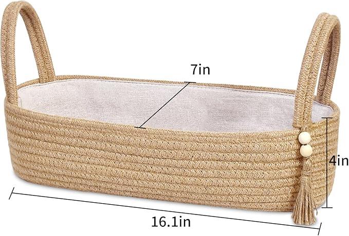 ABenkle Small Storage Basket for Toilet Tank Top - Jute Rope Woven Organizer with Handle, Boho Countertop Bathroom Decor, Toilet Paper Holder, 16x6x4 Inch - ModernBath