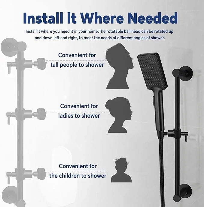 Shower Slide Bar Adjustable Handheld Shower Head Holder Wall Mount - 15inch All-Metal Shower Head Slide Bar Compatible with Bathroom Drill Free Glue Installation - Black - ModernBath