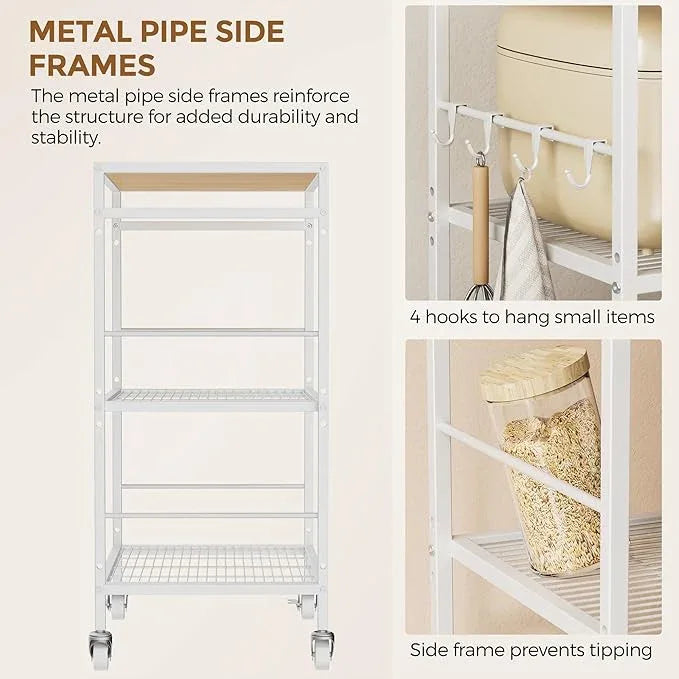3-Tier Metal Storage Rack with Industrial Wheels,Mesh Shelving Unit with Wooden Table top,Adjustable Shelf,23.6-Inch Width,15.8-Inch Depth, for Kitchen, Laundry,Pantry,Plant,white - ModernBath