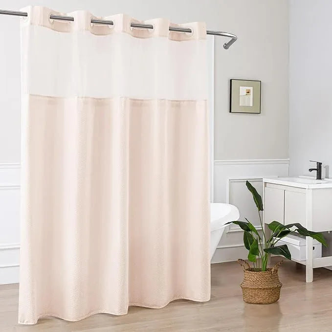 Mrs Awesome No Hook Shower Curtain with Snap-in Liner, Embossed Waffle Design Fabric Shower Curtain for Bathroom, Soft & Lightweight, 71x74, Pink - ModernBath