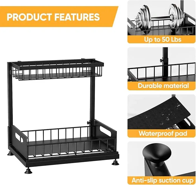 Under Sink Organizer Storage 2-Tier Premium Metal Pull-Out Racks, Height Adjustable, Heavy Dut and Easy Installation for Kitchen & Bathroom Organizers 1 Pack Black - ModernBath