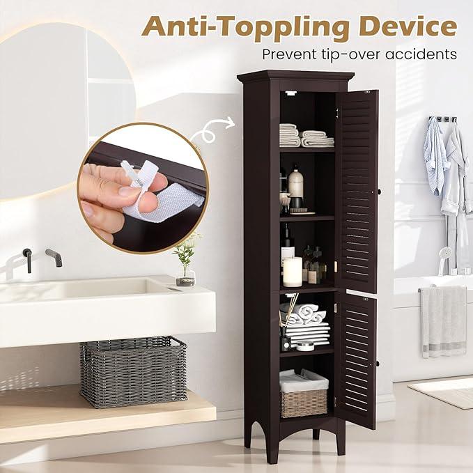 Tangkula 63" Tall Bathroom Storage Cabinet, Freestanding Narrow Linen Tower with Adjustable Shelf, Modern Slim Floor Cabinet with 2 Doors for Bathroom, Living Room, Kitchen (Brown) - ModernBath