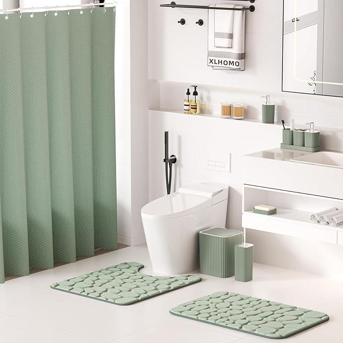 XLHOMO Bathroom Accessories Set - 25PC Sage Bathroom Set, Bathroom Set with Shower Curtain and Rugs, Sage Green Shower Curtain Set, Bathroom Accessory Set, Trash Can & Soap Dispenser - ModernBath