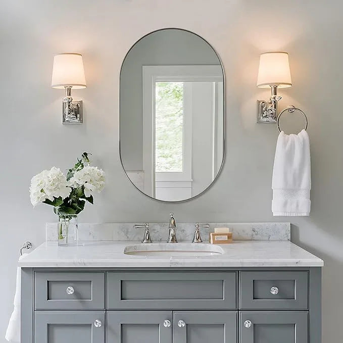 ANDY STAR Brushed Nickel Oval Bathroom Mirror, 20x33 inch Pill-Shaped Mirror for Wall HD Reflection Metal Frame Mirror for Bathroom Hang Vertical or Horizontal - ModernBath