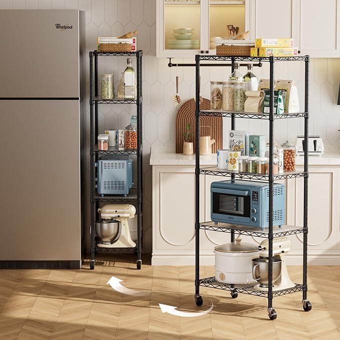5 Tier Shelves Storage Shelf Wire Closet Bathroom Organizers Metal Pantry Kitchen Garage Shelving Unit Laundry Room Organization Home Rack Net Basket Black with Wheels 14”D X 24”W X 61”H - ModernBath