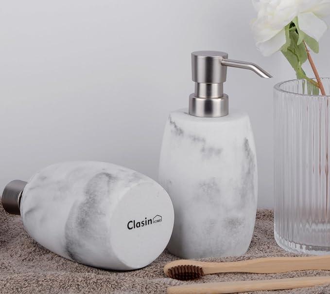 Clasin Home Resin Soap Dispenser Set 2, Refillable Hand Soap Dispenser with White Marble Look and Metallic Pump, Kitchen, Bathroom, Waterproof Labels (12 Oz) - ModernBath