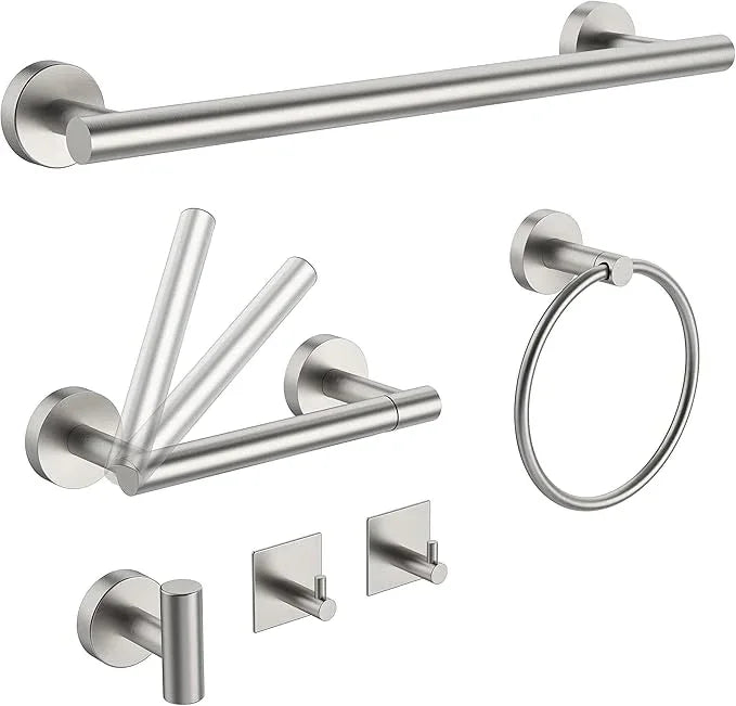 6 PCS Bathroom Hardware Set, Including 16" Hand Towel Bar, Toilet Paper Holder, Towel Ring, Robe Towel Hooks, Bathroom Accessories Kit (Brushed Stainless Steel) - ModernBath