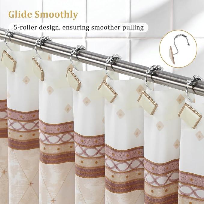 Decorative Beige Shower Hooks, 12-Pack with 5 Smooth-Glide Roller Balls, Rust-Resistant for Bathroom Bedroom Living Room Decor - ModernBath