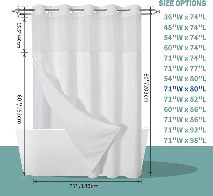 eachope White Long No Hook Waffle Weave Shower Curtain with snap-in Liner Replacement, 230GSM Waterproof Fabric Hotel Shower Curtain Set for Bathroom, Through Mesh Top Window,71Wx80H - ModernBath