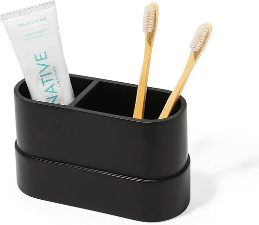 Matte Black Large Toothbrush and Toothpaste Holder and Cup for Bathroom Vanity and Countertop, 2 Compartment Organizer for Electric Toothbrushes, Floss, Razors, Cotton, and Mouthwash - YEW DESIGN - ModernBath
