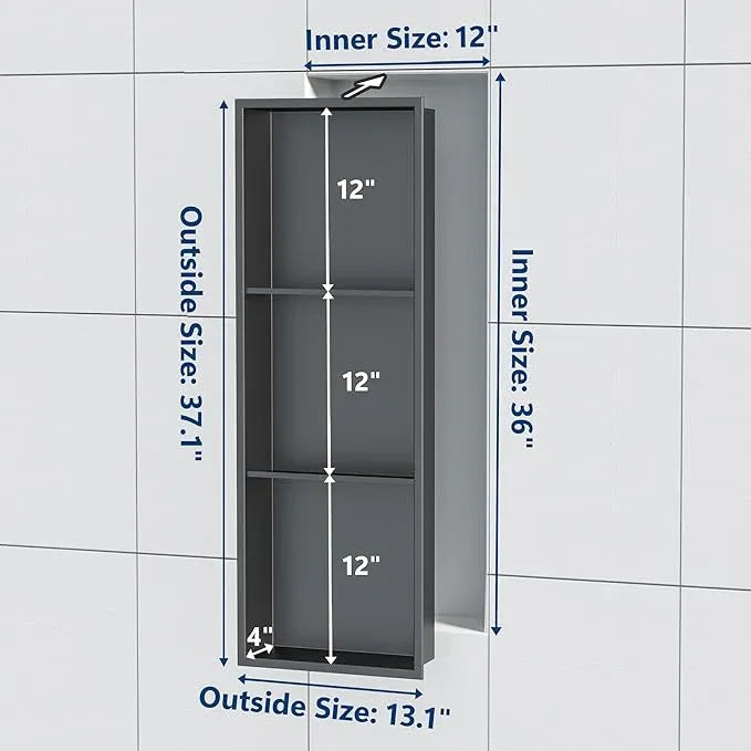 Qeke Stainless Steel Shower Niche 12" X 36", Bathroom Wall Niche Three-Tier, No Tile Needed Recessed Shower Shelf for Bathroom Storage, Gun Metal - ModernBath