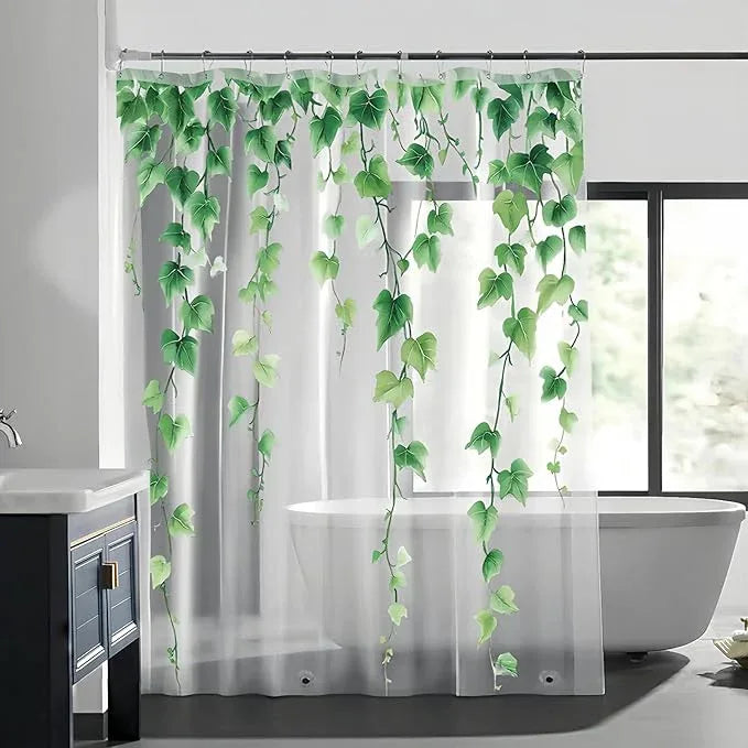 Clear Green Ivy Leaves Shower Curtain Liner, Transparent Plastic Nature Green Botanical Leaf Decorative Waterproof Shower Curtains for Bathroom, 72x72 Weighted Magnetic Shower Curtain Liner with Hooks - ModernBath