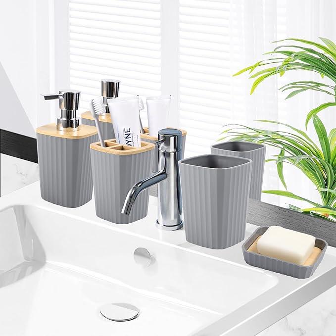 XLHOMO Grey Bathroom Accessories Set, 9 Piece Gray Bathroom Set, Bathroom Accessory Sets Compelete with Trash Can, Toothbrush Holder, Cup, Lotion Dispenser, Tray, Soap Dish, Toilet Brush, Qtip Holders - ModernBath